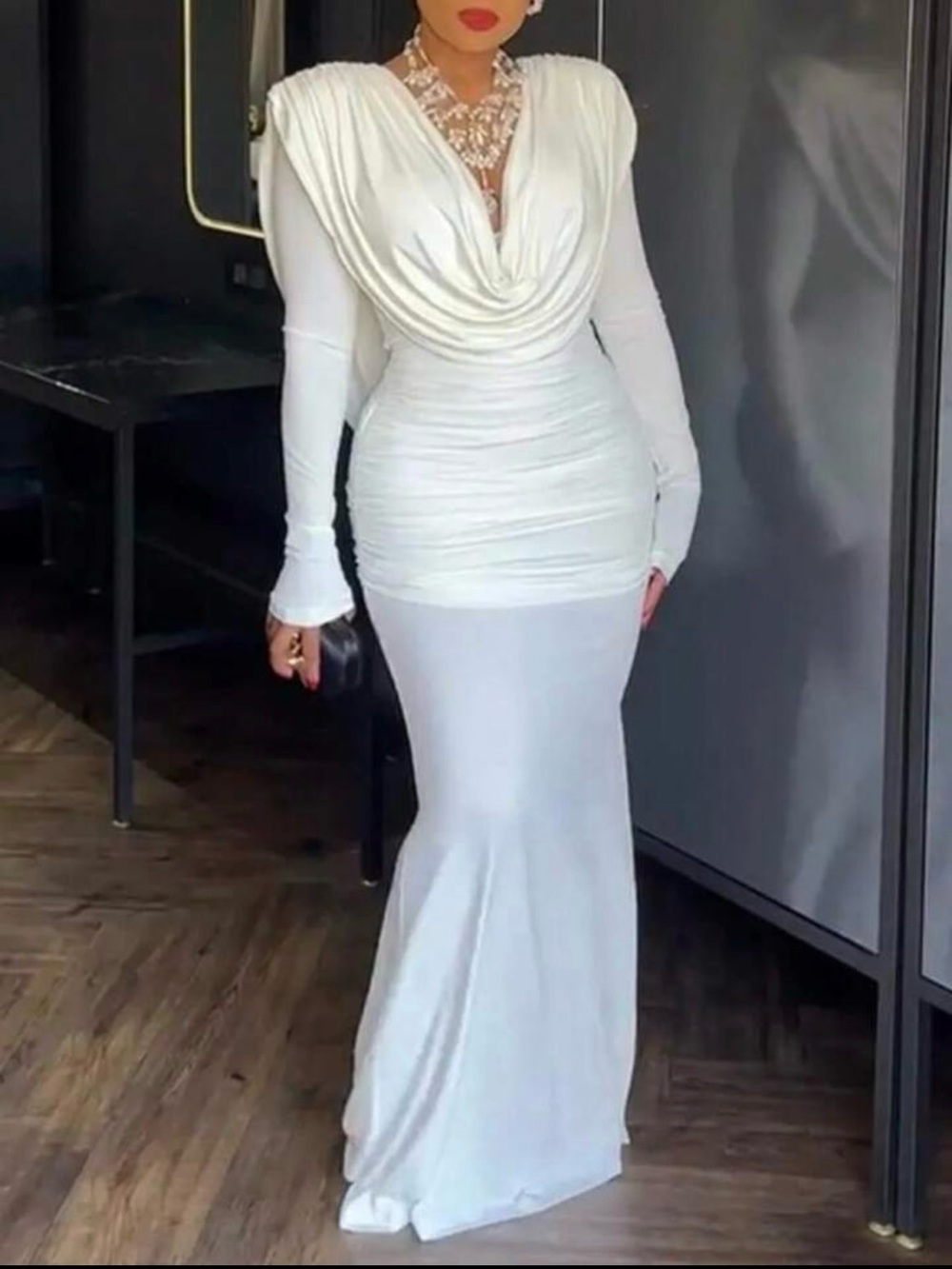 Elegant White Draped Long-Sleeve Maxi Dress